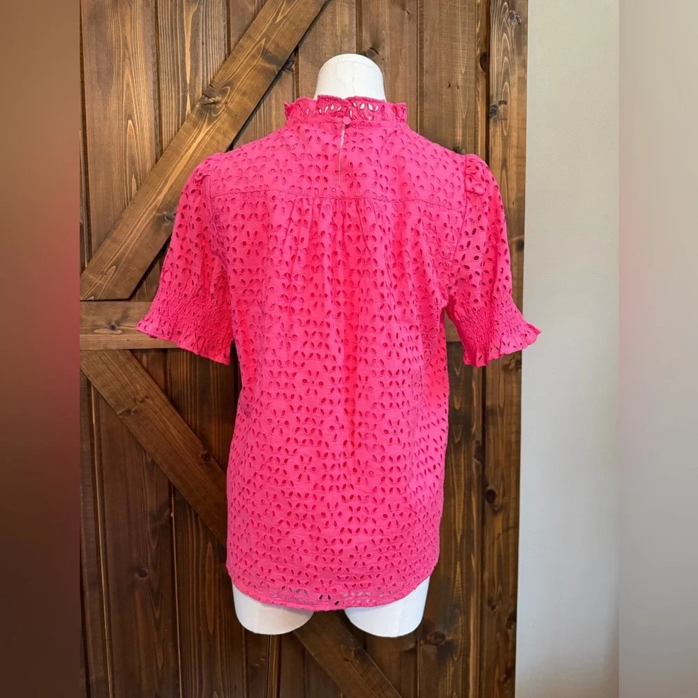 J.Crew Smocked Puff Sleeve Blouse Women’s Size XS Eyelet Preppy Spring Pink EUC